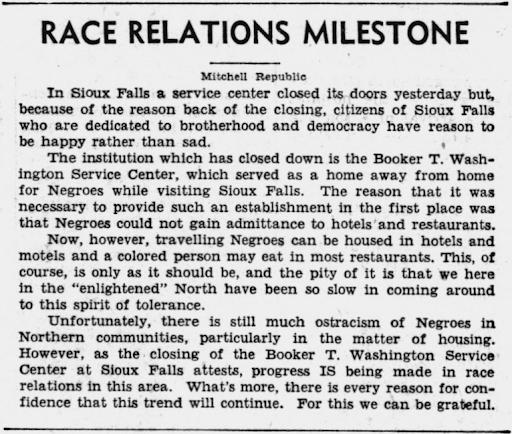 Sioux Falls Argus-Leader article titled "Race Relations Milestone"